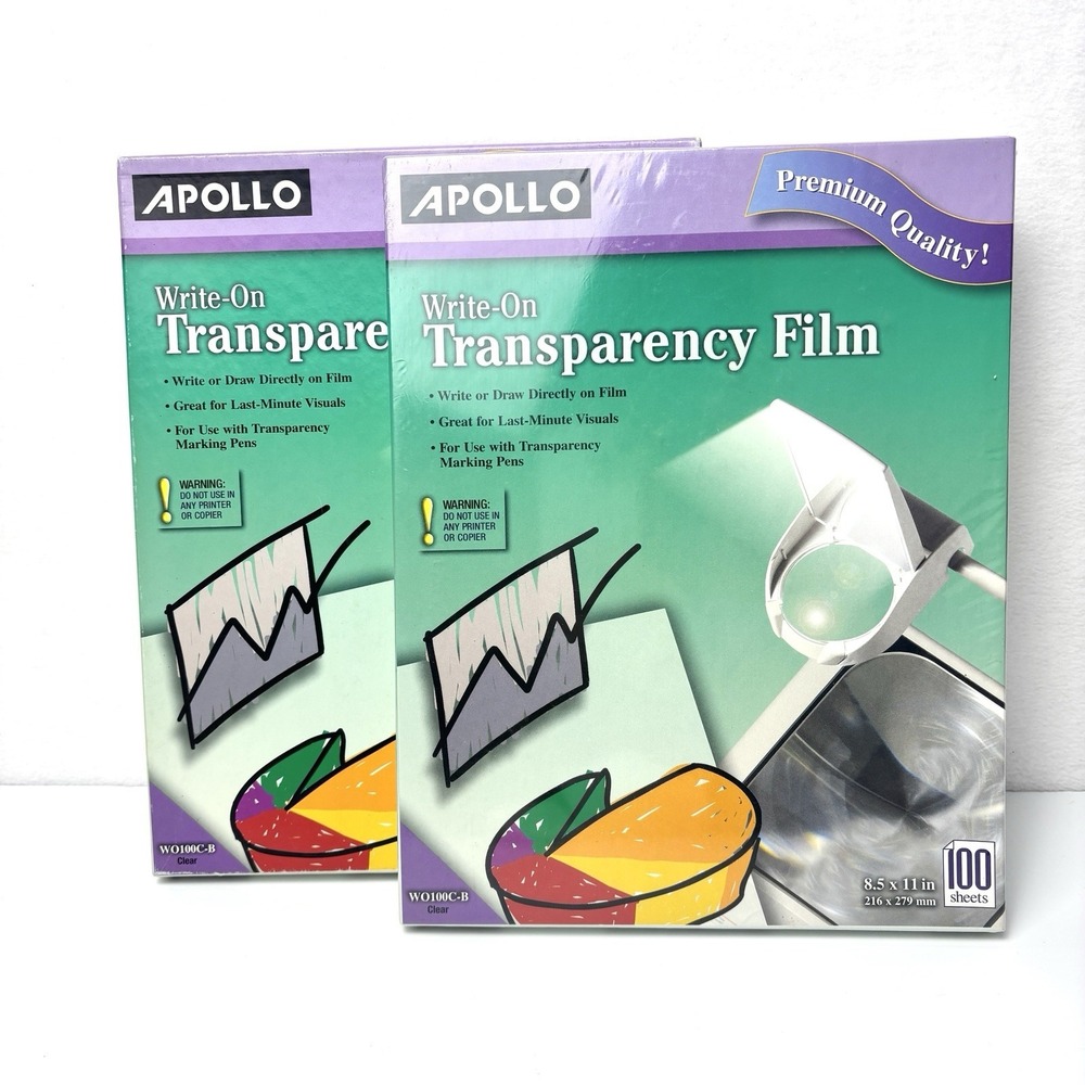 2 Apollo Write-On Clear Transparency Film 8.5x11 100 Sheets 1 Sealed WO100C-B